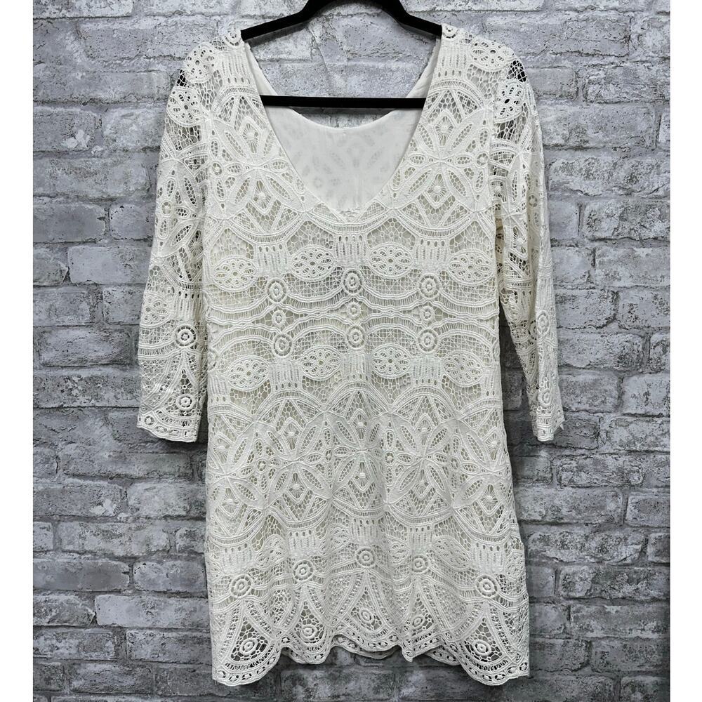 NWT Sezane Sarah Robe Crochet Eyelet 3/4 Sleeve Mini Dress (38) Ecru Cream - Picture 3 of 10